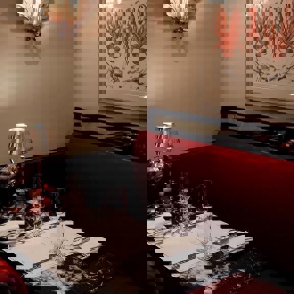 table laid at Bentley's Oyster Bar & Grill seafood restaurant in Mayfair, London