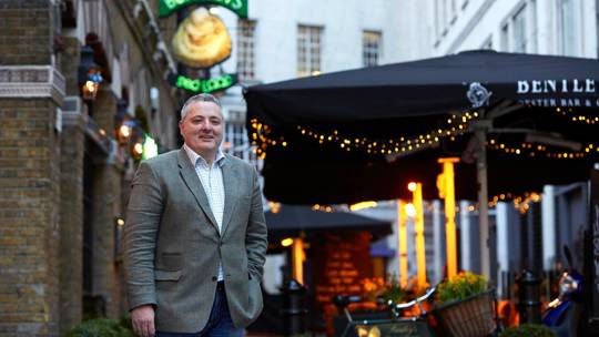 Bentley’s Oyster Bar exterior facade with elegant signage in Mayfair, London.