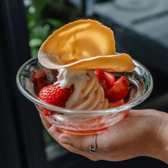 Chilled dessert with strawberries and orange at Bentley’s, a fish restaurant in Mayfair.