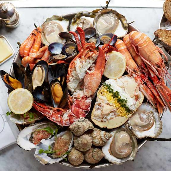 Seafood platter at Bentley's Oyster Bar & Grill seafood restaurant in Mayfair, London