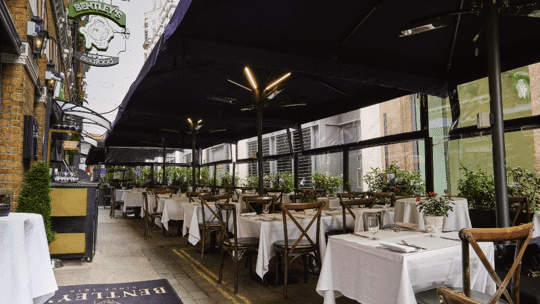 Terrace at Bentley's Oyster Bar & Grill seafood restaurant in Mayfair, London